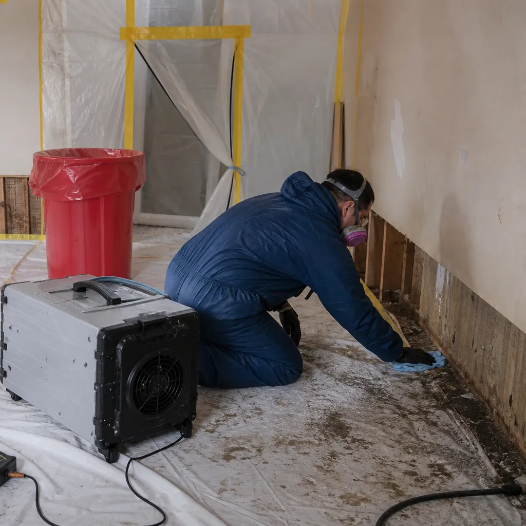 Technician in protective gear performing professional biohazard and decontamination site cleanup in Upper West Side, NY
