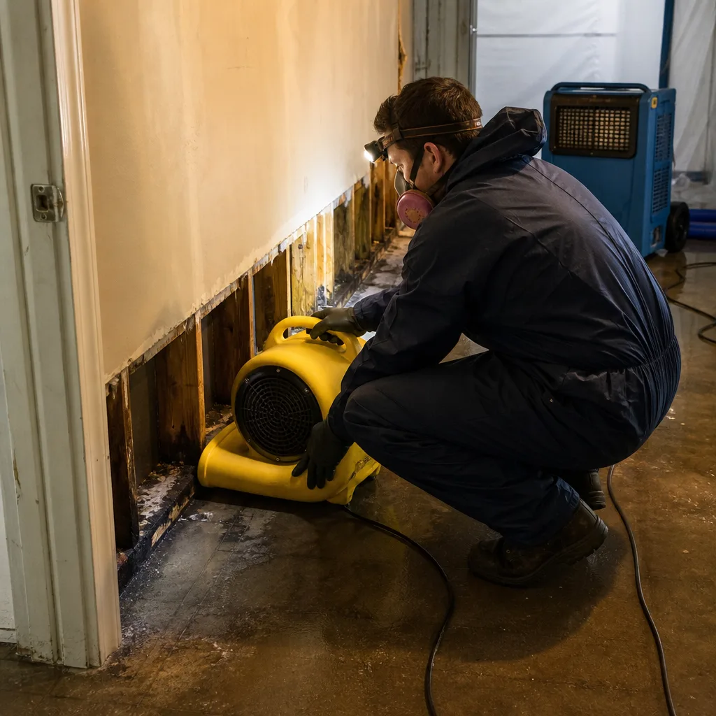 Technician using industrial air mover for water damage restoration in commercial building in Long Island City, NY