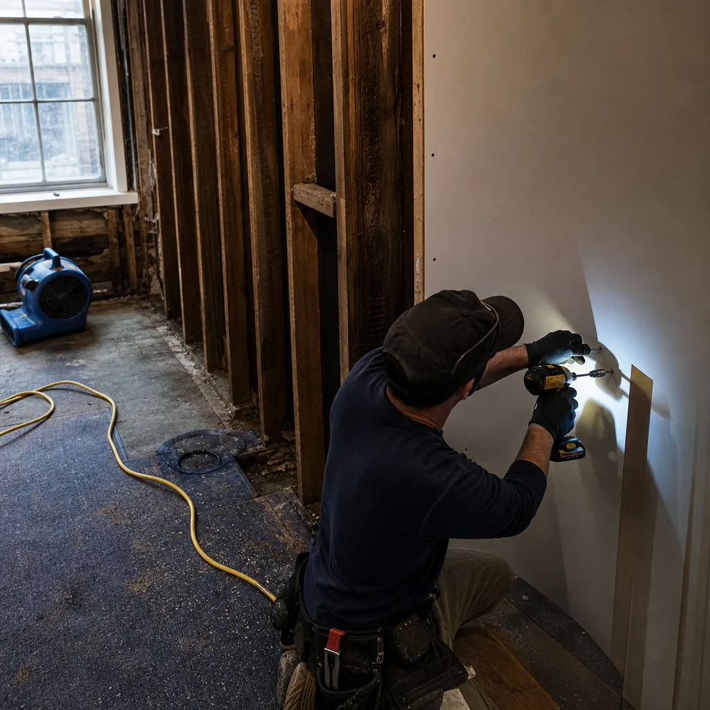 Contractor installing drywall during a home reconstruction and water damage cleanup project in North Bergen, NJ