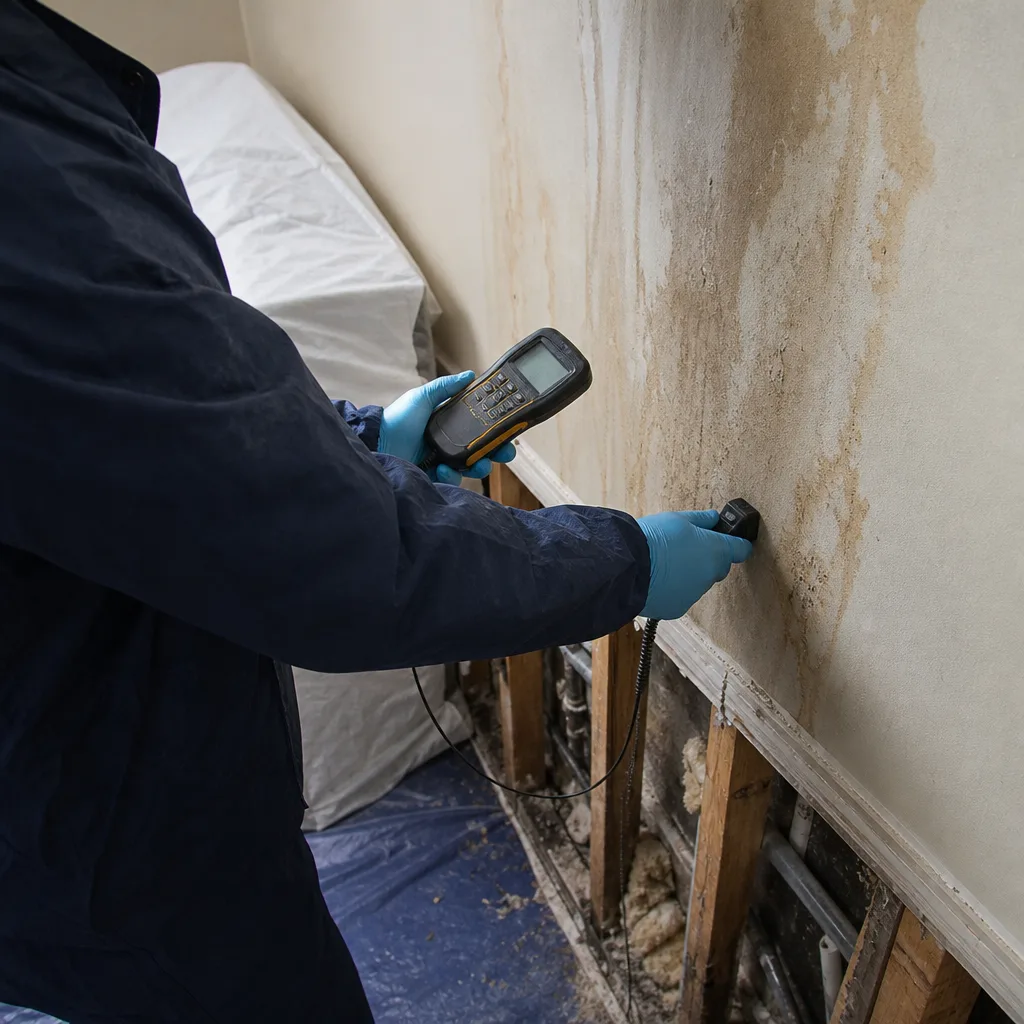 Technician using moisture meter on water damaged wall for restoration service in West New York, NJ