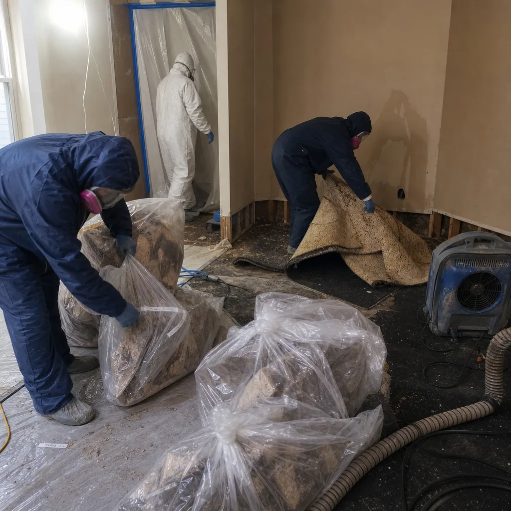 Professional crew performing sewage cleanup and debris removal in protective suits in Hoboken, NJ