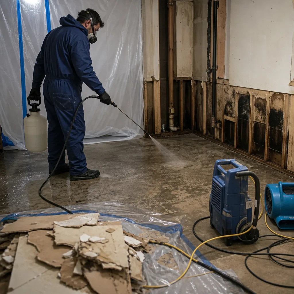 Professional performing sewage cleanup in a damaged residential room in Hoboken, NJ