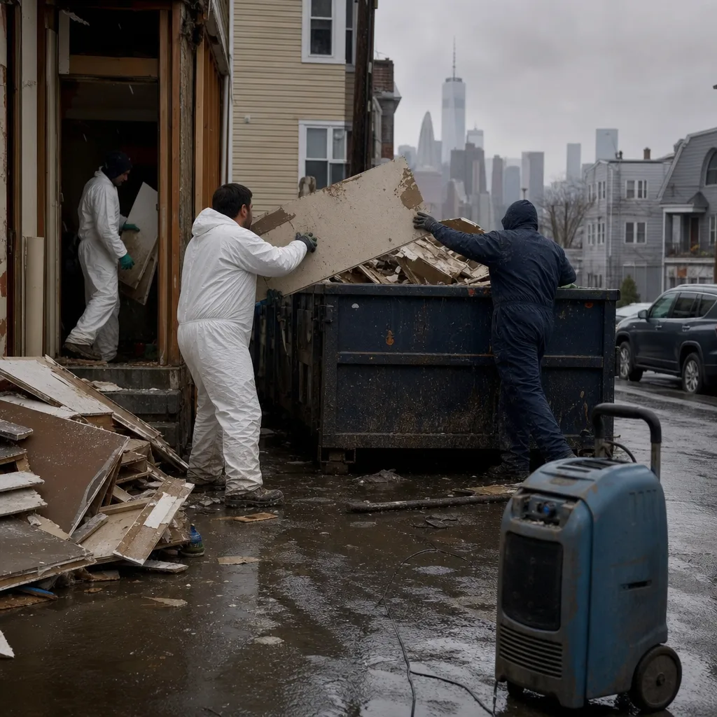 Restoration crew in protective suits disposing of debris into a large dumpster in Secaucus, NJ