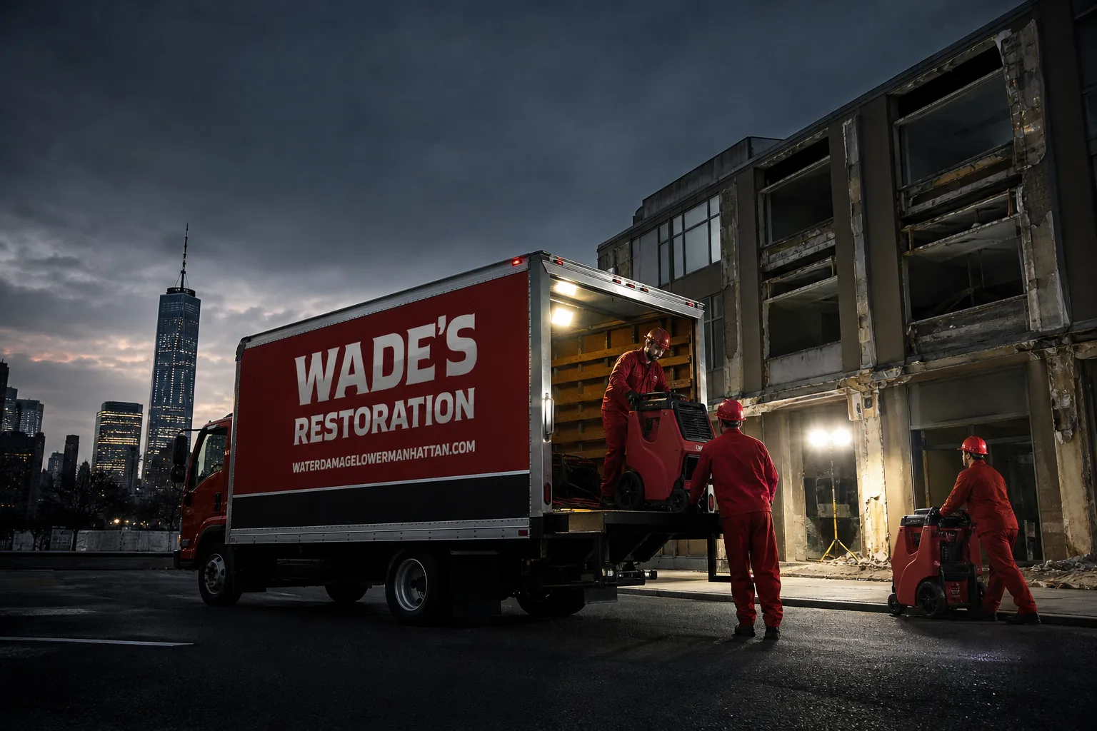 Wade's Restoration damage restoration service vehicle and crew in Lower Manhattan, NY